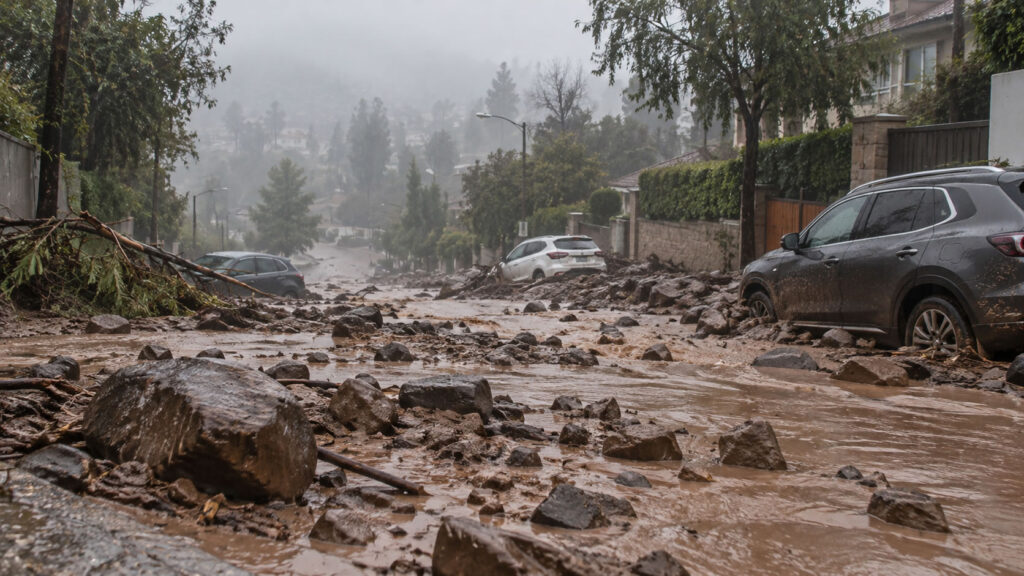 Aluvión en Las Condes: barro, rocas y vehículos arrastrados por intensa lluvia afectan San Carlos de Apoquindo